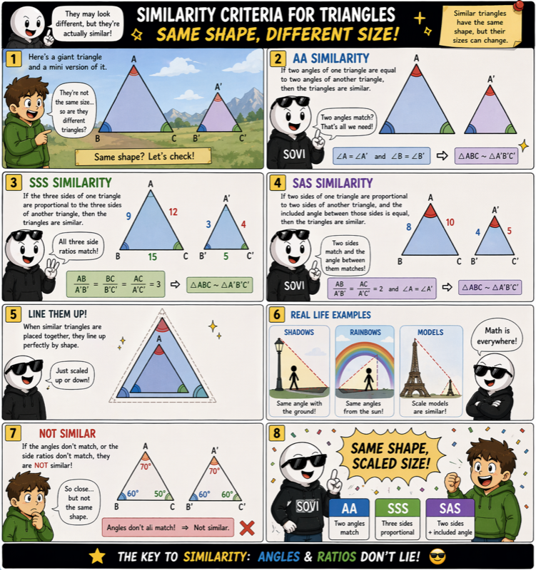 Similarity Criteria for Triangles (AA, SSS, SAS)